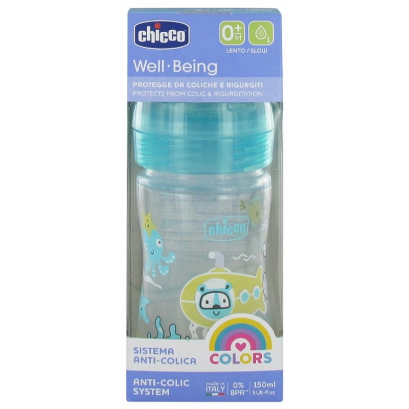 CHICCO BIBERON WELL-BEING EN POLYPROPYLÈNE BLEU150 ML