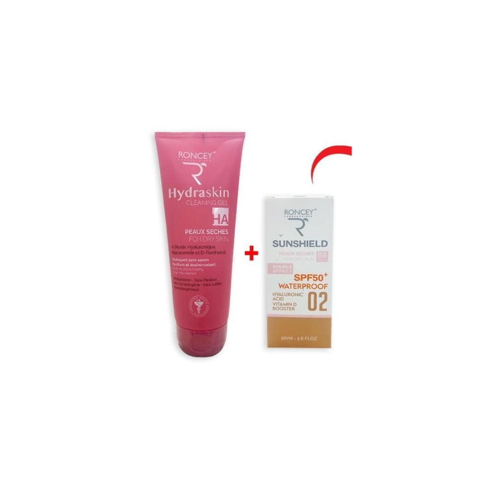 RONCEY PACK Hydraskin Gel Nettoyant + Sunshield Waterproof Peau Sèche SPF50+ Teinte 02 PS
